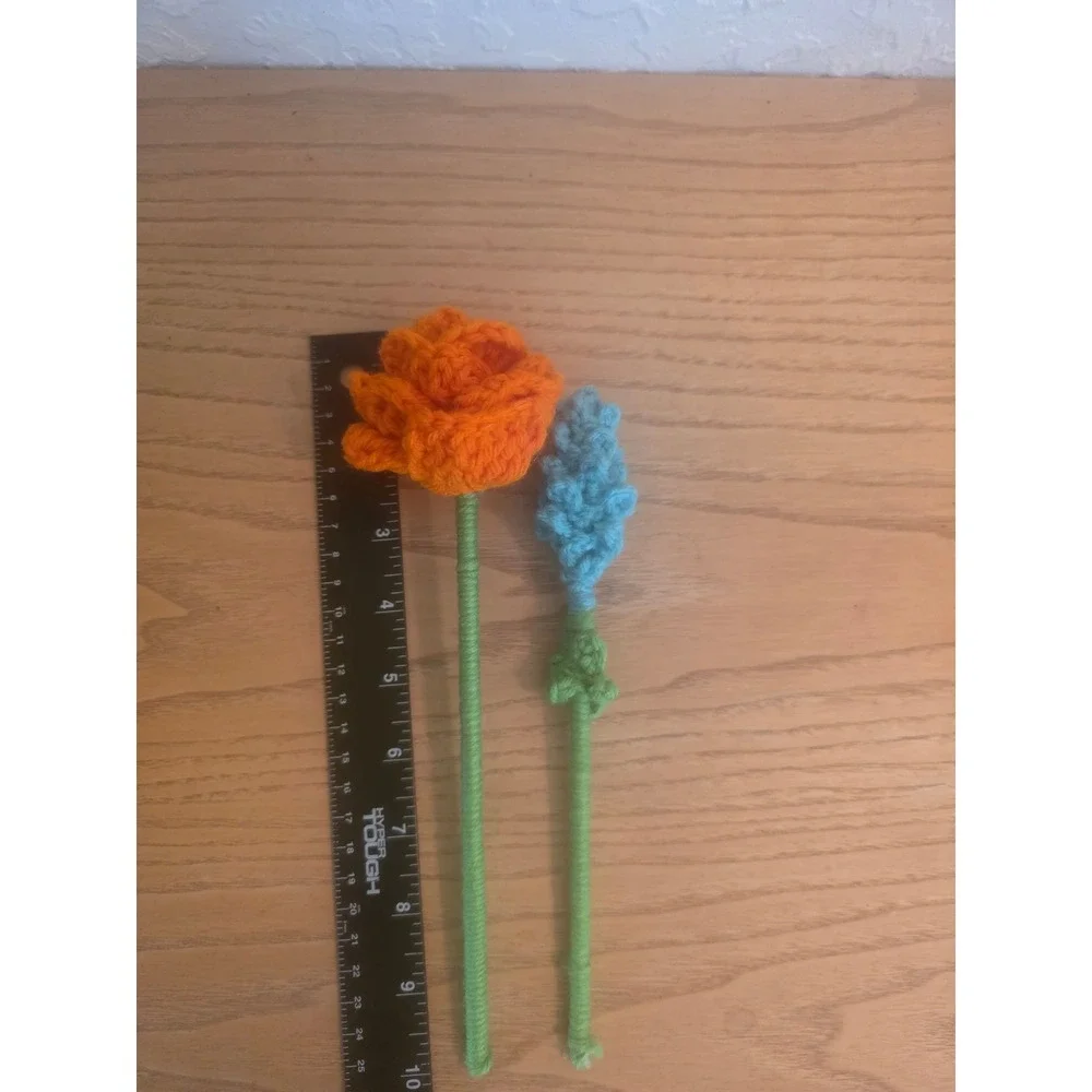 Handmade Crochet Flower Bouquet Orange Rose Blue Lavender Cottagecore Decor 2pc